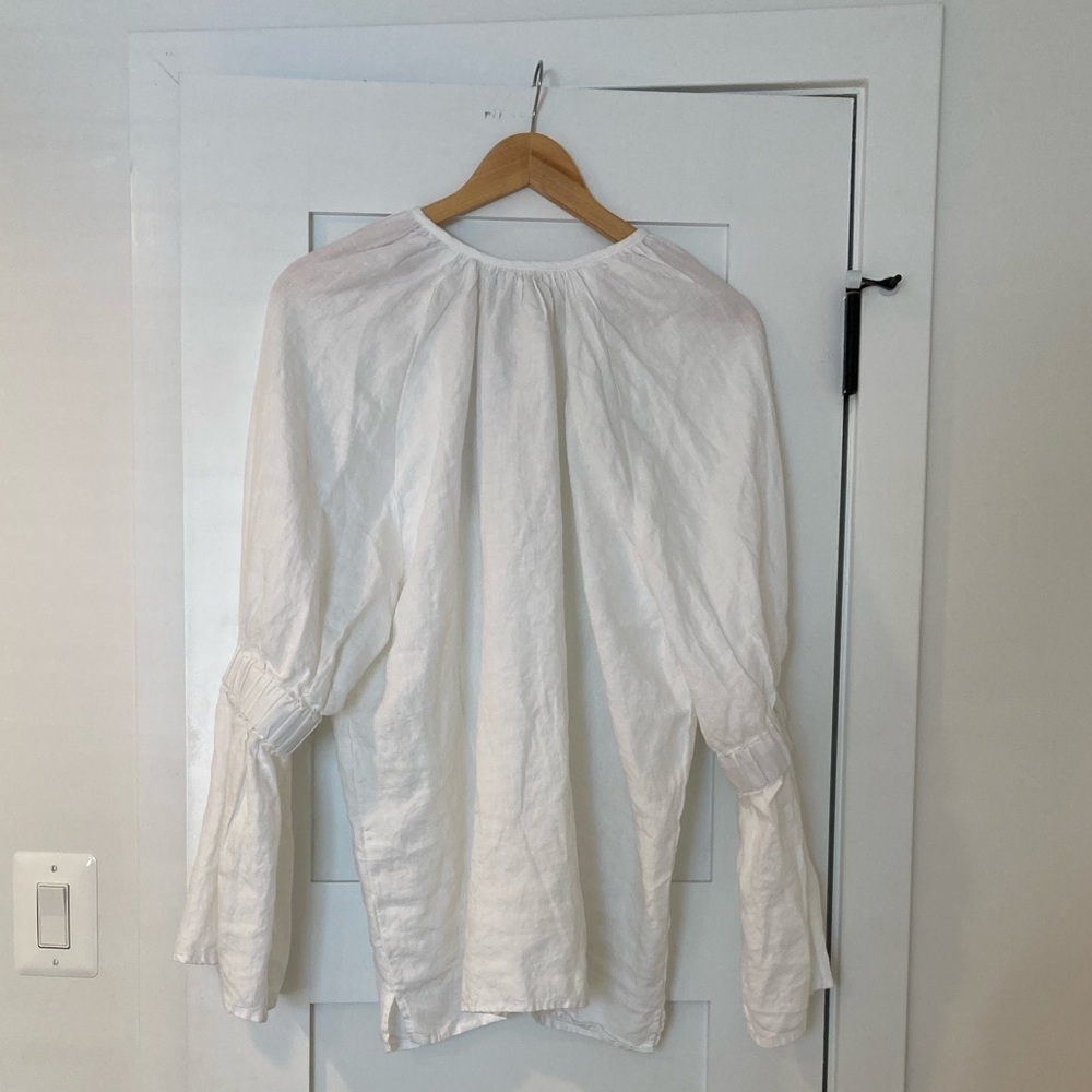 Des Sen White Linen Voluminous Puffy Sleeve Tie Blouse - Picture 2 of 5